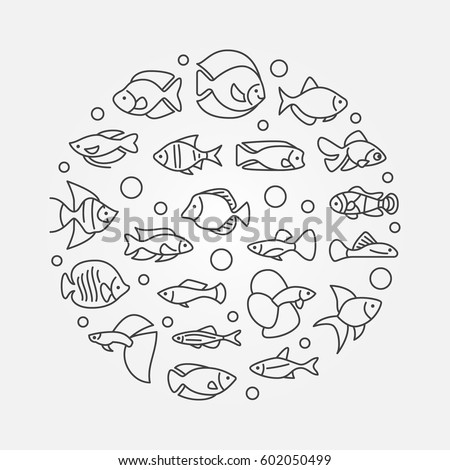 Aquarium fish illustration - vector round minimal symbol made with icons of outline freshwater and saltwater fish