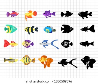 Aquarium fish isolated on the transparent background. Sea animal. Black silhouettes.  Vector Flat illustration. Suitable for cutting software. Cricut, Silhouette