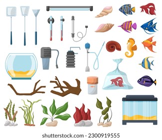 Aquarium and fish kit, various types of plants with stones, aquarium equipment, vector illustration on a white background.