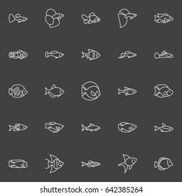Aquarium fish line icons - vector minimal outline freshwater and saltwater fish signs on dark background