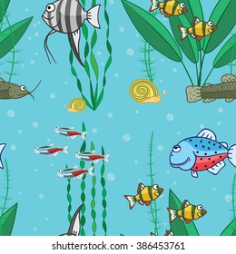 aquarium fish with plants, vector seamless pattern