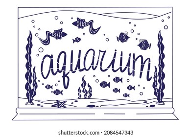 Aquarium, fish, sand, water, fish house, algae, underwater world, doodles style, hand drawing, vector image on a white background