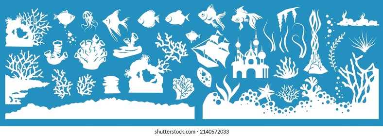 Aquarium fish, seaweed and coral plant isolated set. Vector aquatic decoration element for underwater marine design and fishbowl tank. Algae, starfish, jellyfish, ship and water bubble silhouette