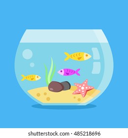 Aquarium with fish, seaweed, starfish, sand and stones. Minimal design round fish tank isolated on blue background. Flat vector illustration