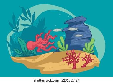 Aquarium with fish and seaweed, underwater flora and fauna. Marine and nautical creatures and plants, corals and sand. Jelly and starfish on bottom of sea or ocean. Vector in flat style illustration