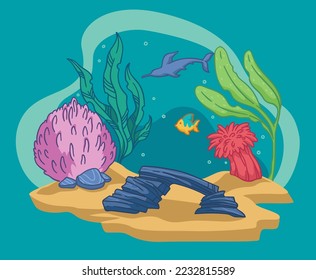 Aquarium with fish and seaweed, underwater flora and fauna. Marine and nautical creatures and plants, corals and sand. Jelly and starfish on bottom of sea or ocean. Vector in flat style illustration