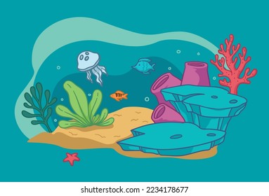 Aquarium with fish and seaweed, underwater flora and fauna. Marine and nautical creatures and plants, corals and sand. Jelly and starfish on bottom of sea or ocean. Vector in flat style illustration