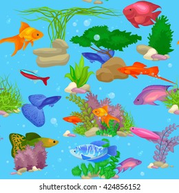 Aquarium fish, seaweed underwater seamless pattern vector illustration