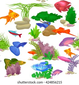 Aquarium fish, seaweed underwater seamless pattern vector illustration