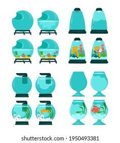 Aquarium fish set, cute sea animals in small bubbles, vector illustration. Goldfish swims in blue water. Beautiful glass bowl.