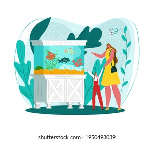 Aquarium fish set, home oceanarium, vector illustration. Mother, child watch floating sea animals. Happy boy admire seaweed, sea nature.