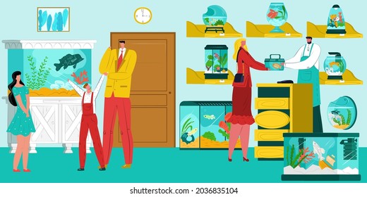 Aquarium fish shop, vector illustration, people man woman character buy indoor domestic animal, goldfish pet for flat girl boy children.