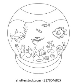 Aquarium with fish. Sketch. Glass housing for aquatic plants and animals. Vector illustration. Pets in the water behind glass. Outline on isolated background. Coloring book for children. Idea for web 