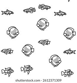 Aquarium Fish Tropical Animal Vector Seamless Pattern Thin Line Illustration