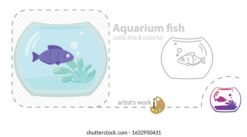 aquarium fish vector flat illustration, solid, line icon