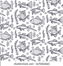 Aquarium fish water plants sea ocean seamless vector pattern