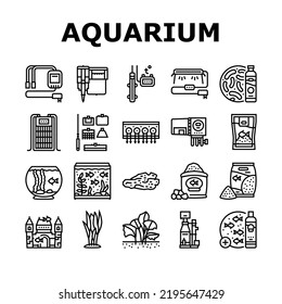 aquarium fish water sea tank icons set vector. underwater ocean, marine coral, glass goldfish, fishbowl reef, bowl animal life blue aquarium fish water sea tank black contour illustrations