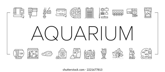 aquarium fish water sea tank icons set vector. underwater ocean, marine coral, glass goldfish, fishbowl reef, bowl animal life blue aquarium fish water sea tank black contour illustrations