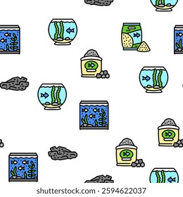 aquarium fish water sea tank Vector Seamless Pattern Thin Line Illustration
