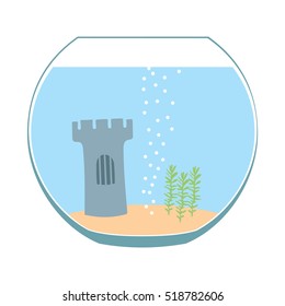 Aquarium. Fishbowl aquarium with castle. Flat vector illustration