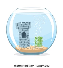 Aquarium. Fishbowl aquarium with castle. Vector illustration