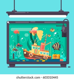 Aquarium with fishes algae and decorations Flat vector illustration