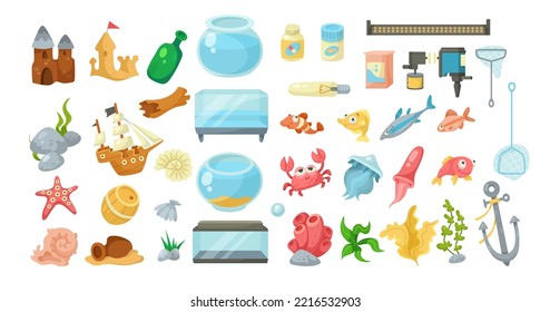 Aquarium fishes and equipment vector illustrations set. Decoration for aquarium, filter, shells, corals, stones, castles for marine animals isolated on white background. Aquarium, wildlife concept