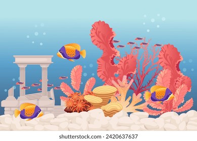 Aquarium with fishes grass stones and decorative items vector illustration isolated on white background