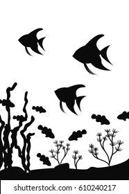 Aquarium fishes of a scalar and fish-clowns float near seaweed. Vector silhouette