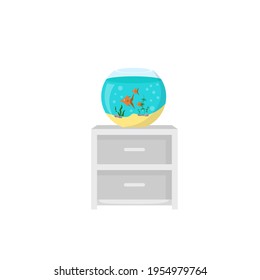 Aquarium with fishes standing on the wooden nightstand. Exotic pet in your house. Vector illustration isolated on white background