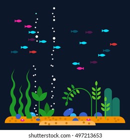 Aquarium fishes. Vector flat illustrations and icon set of aquarium tropical fishes underwater. Sea background