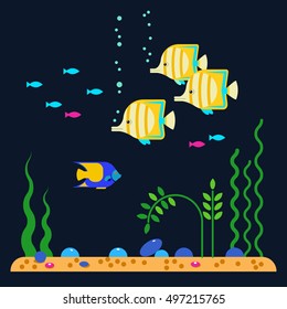 Aquarium fishes. Vector flat illustrations and icon set of aquarium tropical fishes underwater. Sea background