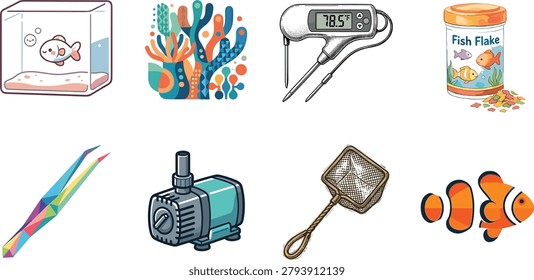 Aquarium and Fishkeeping Icon Set Featuring Fish Tank, Coral, Thermometer, Fish Food, Tweezers, Water Pump, Net, and Clownfish