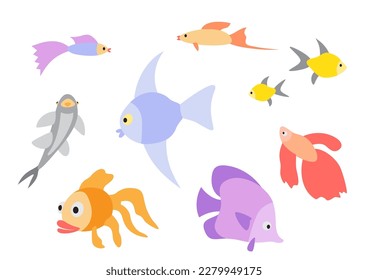 Aquarium flat design color fishes set isolated on white background. Cartoon fish collection