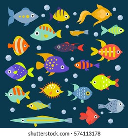 Aquarium flat style fishes body vector icons