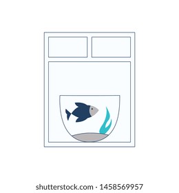 Aquarium with a floating blue fish is at the window. Pet fish in an aquarium is at the open window. Concept of neighbors and neighborhood in the city, vector flat animal illustration.