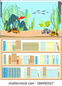 Aquarium with freshwater fishes and bookshelf