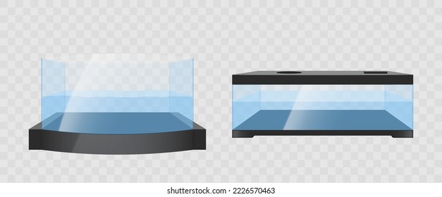 Aquarium glass box, terrarium isolated on transparent background. Illuminated tank with water for fishes, exhibition showcase, interior decoration. Realistic 3d vector illustration