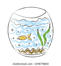 Aquarium with gold fish doodle sketch isolated on a white background. Vector illustration in cartoon style.