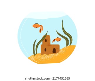 Aquarium with gold fishes swimming in water. Round glass fishbowl with algae, castle, sand. Home interior decor. Color flat vector illustration isolated on white background