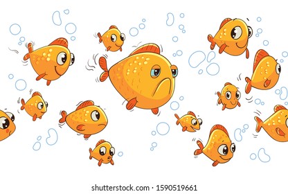 Aquarium Goldfish. Funny cartoon character. Childrens seamless panorama. Vector illustration. Isolated on white background