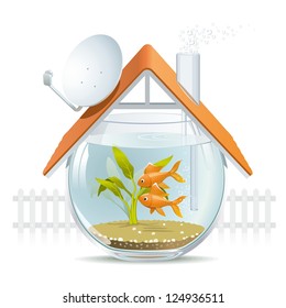 Aquarium home. Illustration of a comfortable house in a aquarium with a nice white picket fence.