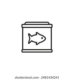 Aquarium icon with fish inside. Glass aquarium of a square shape. Vector simple outline icon on blank white background.