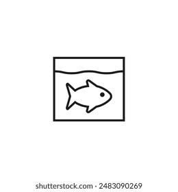 Aquarium icon with fish inside. Glass aquarium of a square shape. Vector simple outline icon on blank white background.