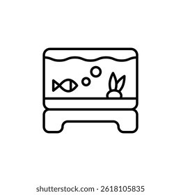 Aquarium icon with fish, water bubbles and plant on the stand, outline vector