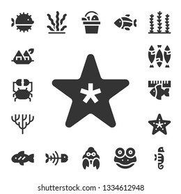 aquarium icon set. 17 filled aquarium icons.  Simple modern icons about  - Puffer fish, Seaweed, Crab, Starfish, Coral, Fish, Fish bone, Hermit crab, Frog, Seahorse