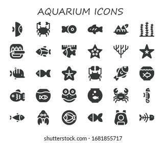 aquarium icon set. 30 filled aquarium icons. Included Fish, Crab, Seaweed, Starfish, Coral, Fish bowl, Fishbowl, Frog, Seahorse, Hermit crab, Pet, Fish bone icons