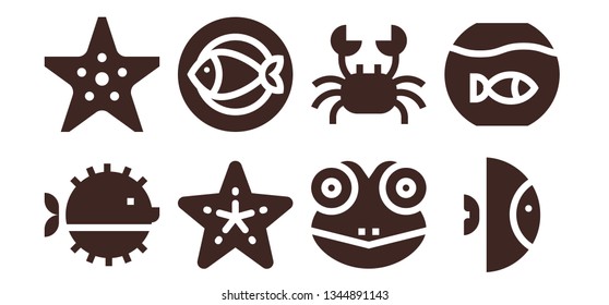 aquarium icon set. 8 filled aquarium icons.  Collection Of - Puffer fish, Starfish, Fish, Frog, Crab, Fishbowl