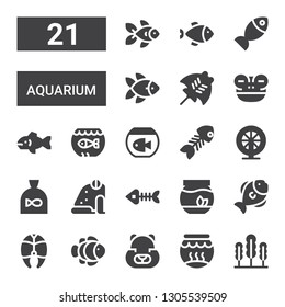 aquarium icon set. Collection of 21 filled aquarium icons included Seaweed, Fishbowl, Hamster, Clown fish, Fish, Fish bones, Frog, bone, Aquarium, Manta ray, Goldfish