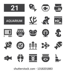 aquarium icon set. Collection of 21 filled aquarium icons included Hermit crab, Fish bowl, Fish, Goldfish, Seaweed, Seahorse, Hamster, Frog, Fishbowl, Rabbit hutch, Aquarium, Pet
